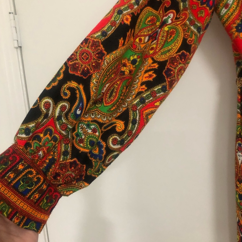 Vtg Jumpsuit 60s 70s Psychedelic Paisley Palazzo Leg Gold Rick Rack Trim S-XS - Picture 6 of 12
